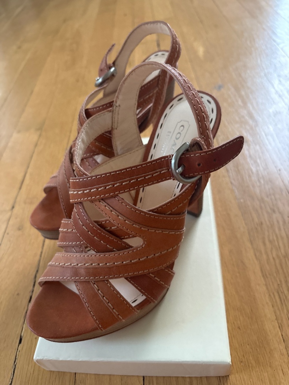 Coach Brynne Tan Leather Strappy Stacked Platform Heels Size 6.5